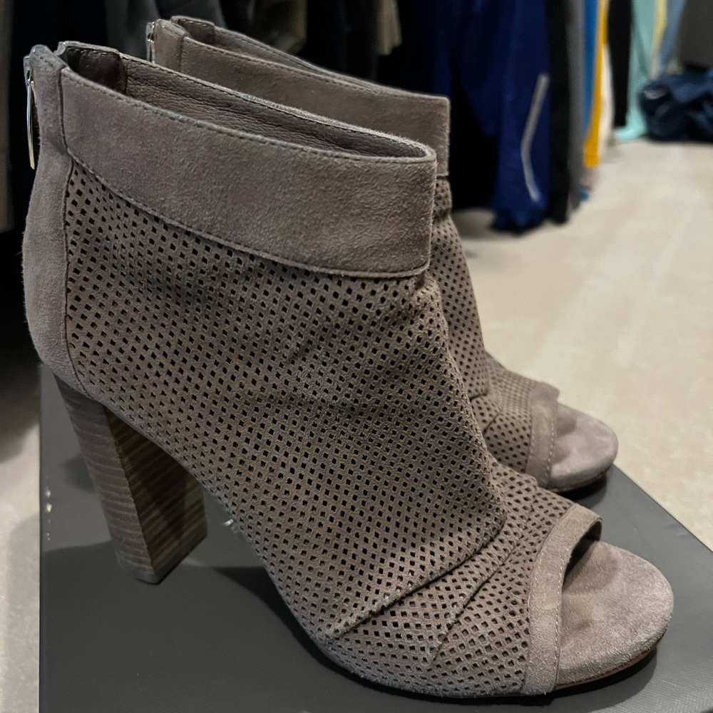 Vince Camuto Cosima booties. Open toe. Perforated suede. Ruched at toe.